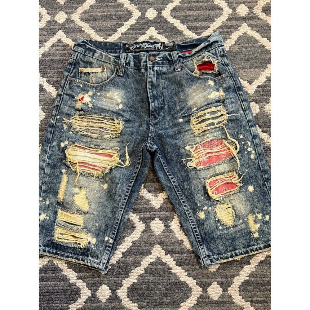 Heritage by America 76 Distressed Patchwork Denim Shorts Mens 34 Blue Bandana
